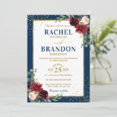 Burgundy Floral Gold Navy Blue Rustic Wedding Kaart (Staand voorkant)