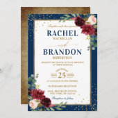 Burgundy Floral Gold Navy Blue Rustic Wedding Kaart (Voorkant / Achterkant)