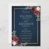 Burgundy Floral Gold Navy Blue Rustic Wedding Kaart (Voorkant)
