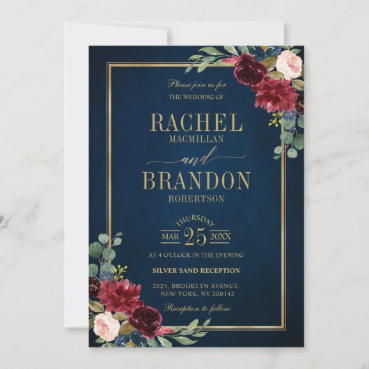 Burgundy Floral Gold Navy Blue Rustic Wedding Kaart (Voorkant)