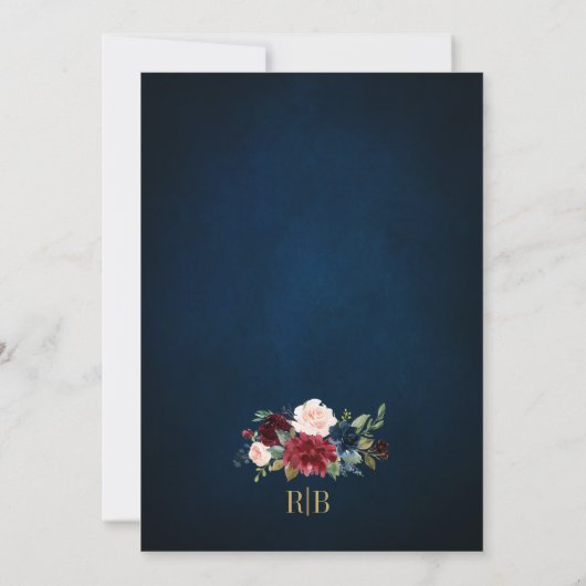 Burgundy Floral Gold Navy Blue Rustic Wedding Kaart (Achterkant)