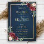 Burgundy Floral Gold Navy Blue Rustic Wedding Kaart<br><div class="desc">Waterverf met een roodbruine roze bruine bruinktbruine sjabloon met gouden lijst en goudlettering met groene botanische bladeren en eucalyptusbladeren tegen een jachblauwe achtergrond. Dit prachtige, eenvoudig aan te passen design kan gemakkelijk worden afgestemd op uw trouwkleuren, -stijlen en -thema en het is een perfecte keuze voor herfst midzomer- of winterbruiloften....</div>