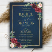 Burgundy Floral Gold Navy Blue Rustic Wedding Kaart