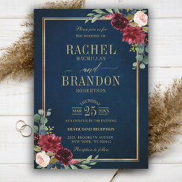 Burgundy Floral Gold Navy Blue Rustic Wedding Kaart