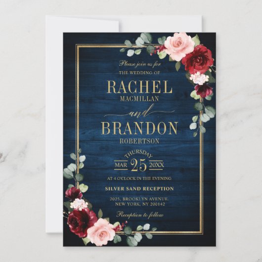 Burgundy Floral Gold Navy Blue Rustic Wedding Kaart (Voorkant)