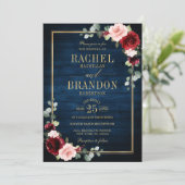 Burgundy Floral Gold Navy Blue Rustic Wedding Kaart (Staand voorkant)