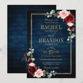 Burgundy Floral Gold Navy Blue Rustic Wedding Kaart (Voorkant / Achterkant)