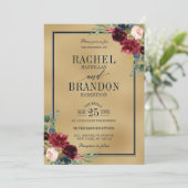 Burgundy Floral Gold Navy Blue Rustic Wedding Kaart (Staand voorkant)