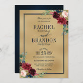Burgundy Floral Gold Navy Blue Rustic Wedding Kaart (Voorkant / Achterkant)