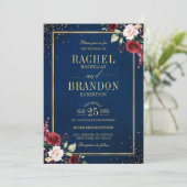 Burgundy Floral Gold Navy Blue Rustic Wedding Kaart (Staand voorkant)