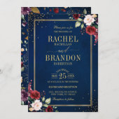 Burgundy Floral Gold Navy Blue Rustic Wedding Kaart (Voorkant / Achterkant)