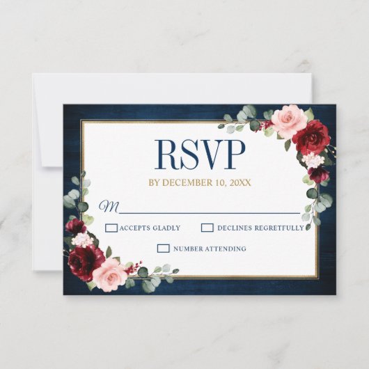 Burgundy Floral Gold Navy Blue Rustic Wedding RSVP (Voorkant)