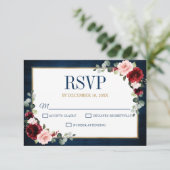 Burgundy Floral Gold Navy Blue Rustic Wedding RSVP (Staand voorkant)