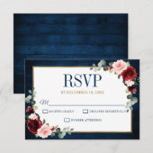 Burgundy Floral Gold Navy Blue Rustic Wedding RSVP (Voorkant / Achterkant)
