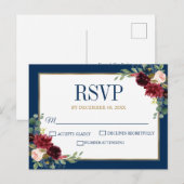 Burgundy Floral Gold Navy Blue Rustic Wedding RSVP Briefkaart (Voorkant / Achterkant)