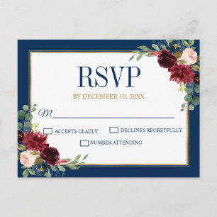 Burgundy Floral Gold Navy Blue Rustic Wedding RSVP Briefkaart