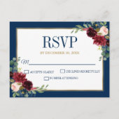 Burgundy Floral Gold Navy Blue Rustic Wedding RSVP Briefkaart (Voorkant)