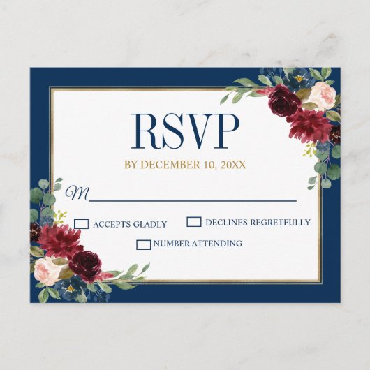 Burgundy Floral Gold Navy Blue Rustic Wedding RSVP Briefkaart (Voorkant)