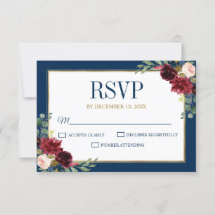 Burgundy Floral Gold Navy Blue Rustic Wedding RSVP Kaartje