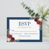 Burgundy Floral Gold Navy Blue Rustic Wedding RSVP Kaartje (Staand voorkant)