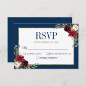 Burgundy Floral Gold Navy Blue Rustic Wedding RSVP Kaartje (Voorkant / Achterkant)