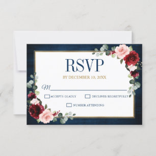 Burgundy Floral Gold Navy Blue Rustic Wedding RSVP Kaartje
