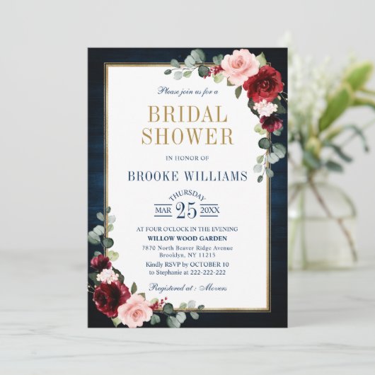 Burgundy Floral Gold Navy Blue Vrijgezellenfeest I Kaart (Staand voorkant)