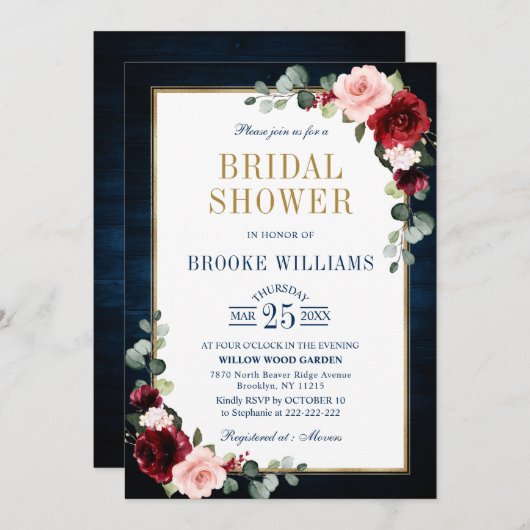 Burgundy Floral Gold Navy Blue Vrijgezellenfeest I Kaart (Voorkant / Achterkant)