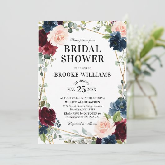 Burgundy Floral Gold Navy Blue Vrijgezellenfeest Kaart (Staand voorkant)