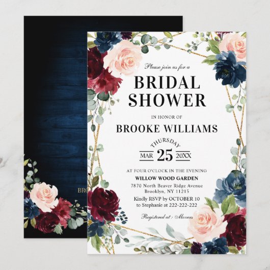 Burgundy Floral Gold Navy Blue Vrijgezellenfeest Kaart (Voorkant / Achterkant)