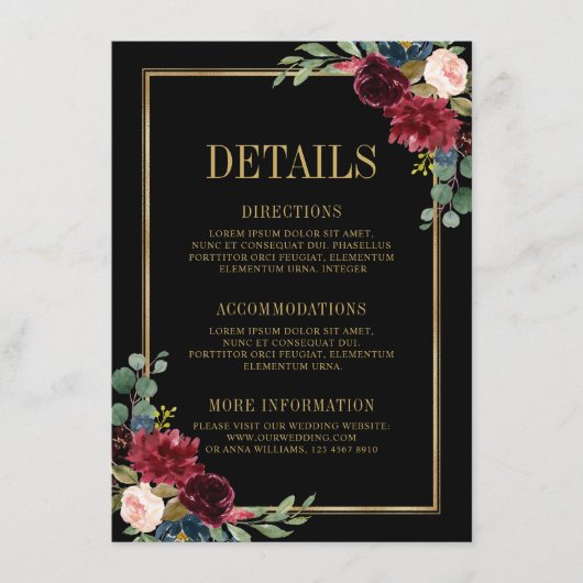 Burgundy Floral Gold Navy Blue Wedding Details Enc Informatiekaartje (Voorkant)