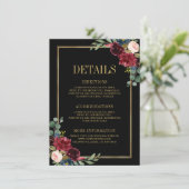 Burgundy Floral Gold Navy Blue Wedding Details Enc Informatiekaartje (Staand voorkant)