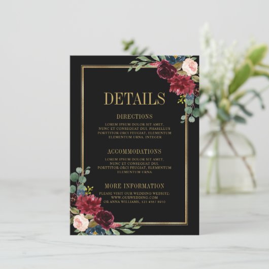 Burgundy Floral Gold Navy Blue Wedding Details Enc Informatiekaartje (Staand voorkant)