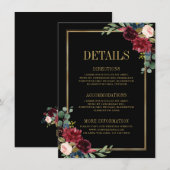 Burgundy Floral Gold Navy Blue Wedding Details Enc Informatiekaartje (Voorkant / Achterkant)