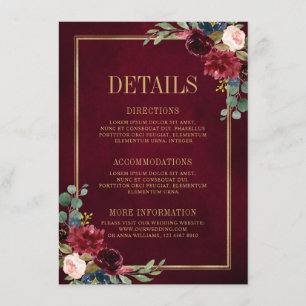 Burgundy Floral Gold Navy Blue Wedding Details Enc Informatiekaartje