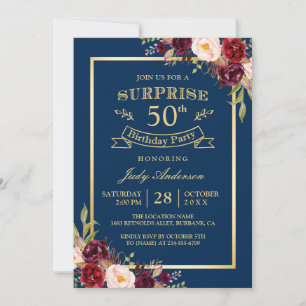 Burgundy Floral Gold Navy Surprise Birthday Party Kaart