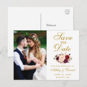 Burgundy Floral Gold Photo Save the Date Briefkaart (Voorkant / Achterkant)