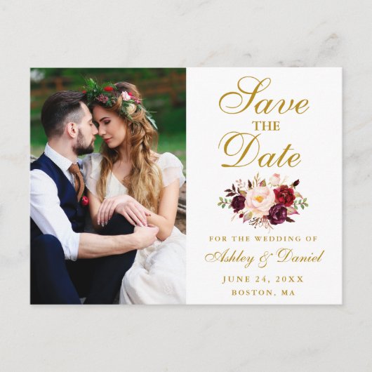 Burgundy Floral Gold Photo Save the Date Briefkaart (Voorkant)