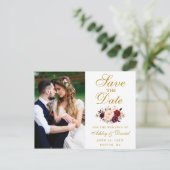 Burgundy Floral Gold Photo Save the Date Briefkaart (Staand voorkant)