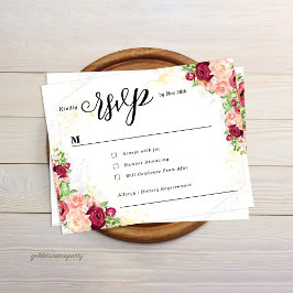Burgundy Floral Gold Polygonal Geometric Wedding RSVP Kaartje