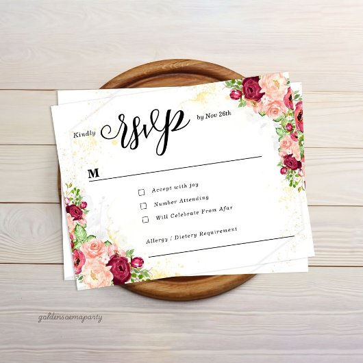 Burgundy Floral Gold Polygonal Geometric Wedding RSVP Kaartje