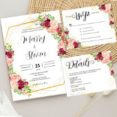 Burgundy Floral Gold Polygonal Geometric Wedding RSVP Kaartje
