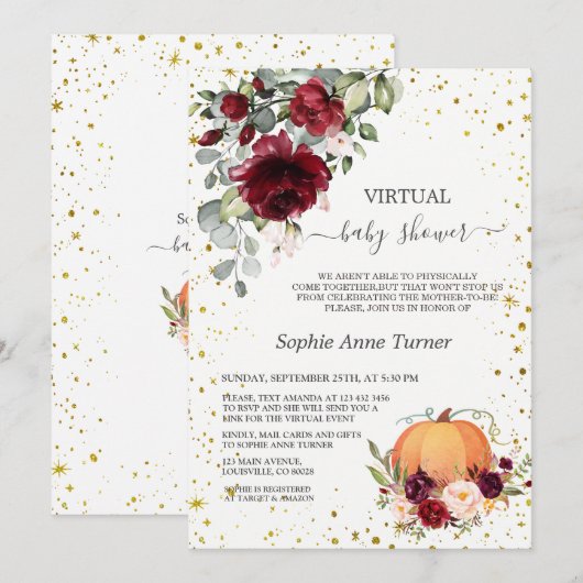Burgundy Floral Gold Pumpkin Virtual Baby shower Kaart (Voorkant / Achterkant)