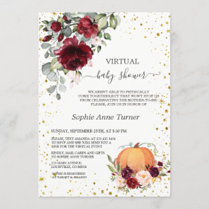 Burgundy Floral Gold Pumpkin Virtual Baby shower Kaart