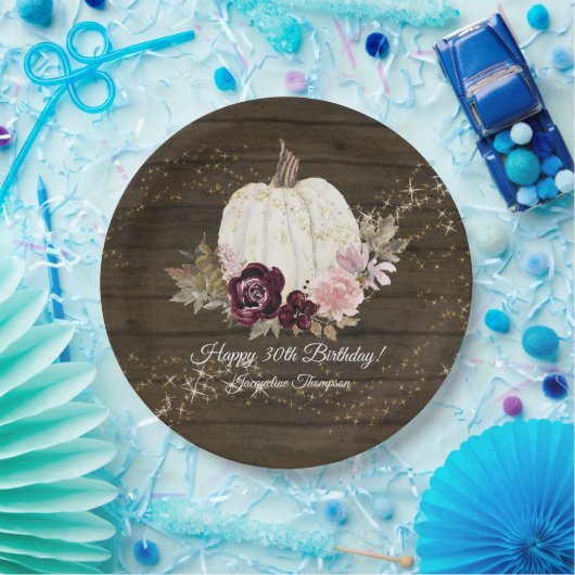 Burgundy Floral Gold Rustic Pumpkin 30th Birthday Papieren Bordje (Feest)