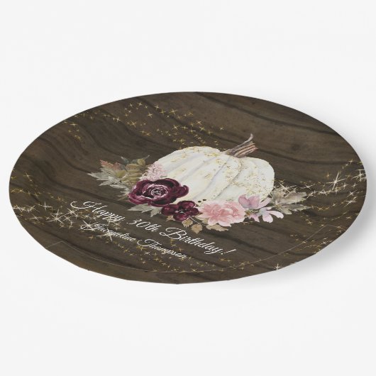 Burgundy Floral Gold Rustic Pumpkin 30th Birthday Papieren Bordje (Gekanteld)