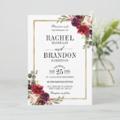 Burgundy Floral Gold Rustic Wedding Kaart (Staand voorkant)