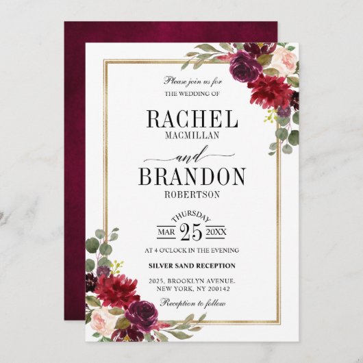 Burgundy Floral Gold Rustic Wedding Kaart (Voorkant / Achterkant)