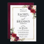 Burgundy Floral Gold Rustic Wedding Kaart<br><div class="desc">Waterverf met een bruine rode navy blush roze bruinktbruine bruiloft sjabloon met gouden lijst en goudlettering met groene botanische bladeren en eucalyptusbladeren tegen een witte achtergrond. Dit prachtige, eenvoudig aan te passen design kan gemakkelijk worden afgestemd op uw trouwkleuren, -stijlen en -thema en het is een perfecte keuze voor herfst...</div>