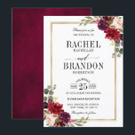 Burgundy Floral Gold Rustic Wedding Kaart<br><div class="desc">Waterverf met een bruine rode navy blush roze bruinktbruine bruiloft sjabloon met gouden lijst en goudlettering met groene botanische bladeren en eucalyptusbladeren tegen een witte achtergrond. Dit prachtige, eenvoudig aan te passen design kan gemakkelijk worden afgestemd op uw trouwkleuren, -stijlen en -thema en het is een perfecte keuze voor herfst...</div>
